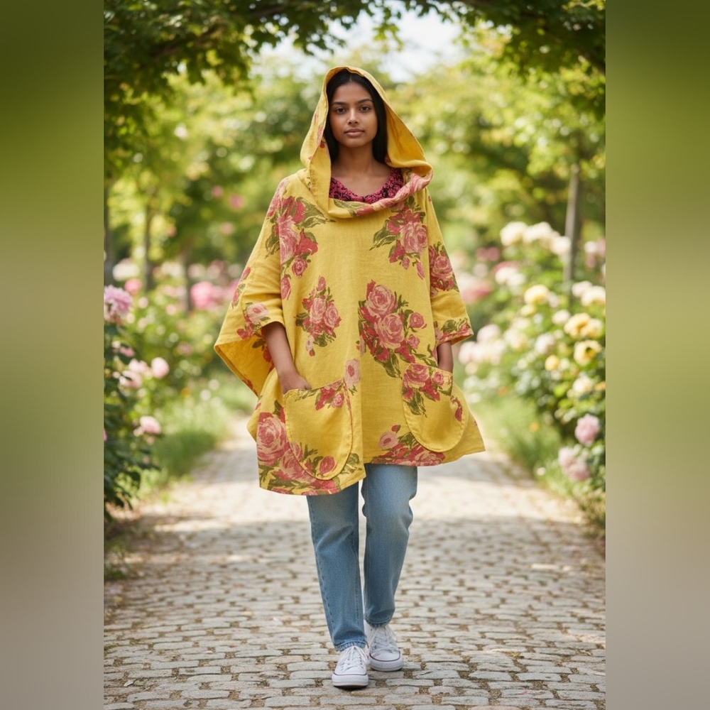 Italian Summer Floral Yellow Hooded Linen Poncho